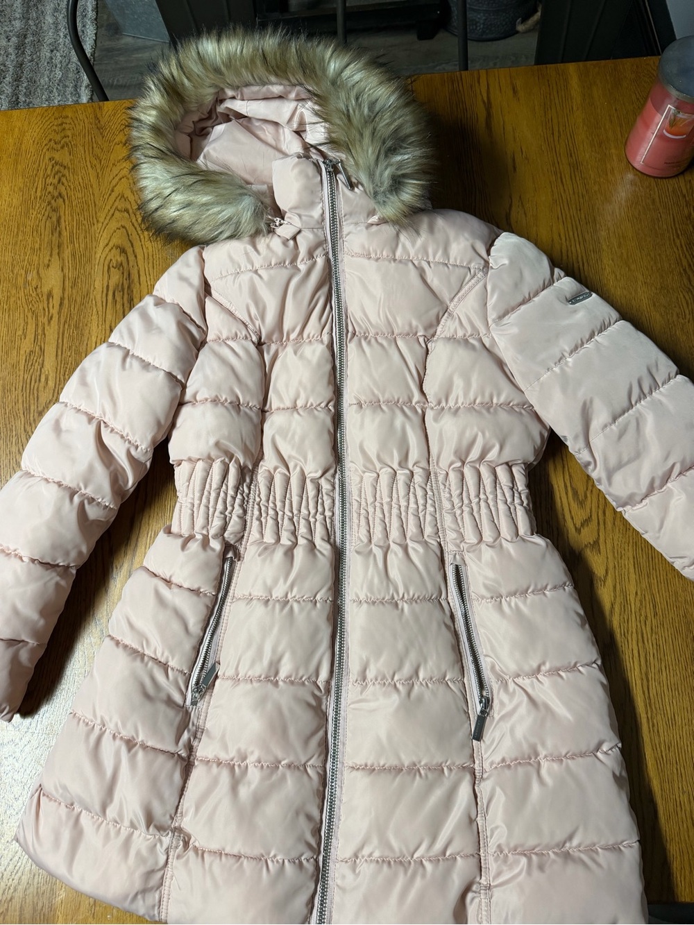 Laundry By Shelli Segal Light Pink Quilted Hooded Puffer Coat with Faux Fur Trim